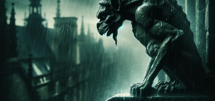 Imagen de una gárgola oscura en un edificio gótico durante una tormenta lluviosa, con gotas de agua deslizándose por su superficie.