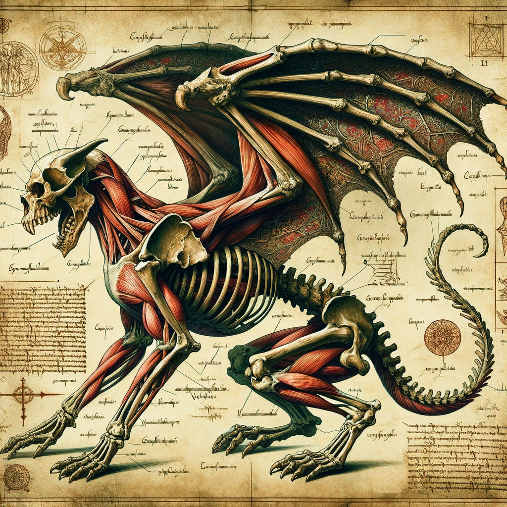 Ilustración anatómica detallada de una gárgola mostrando su esqueleto y musculatura, al estilo de un manuscrito medieval.