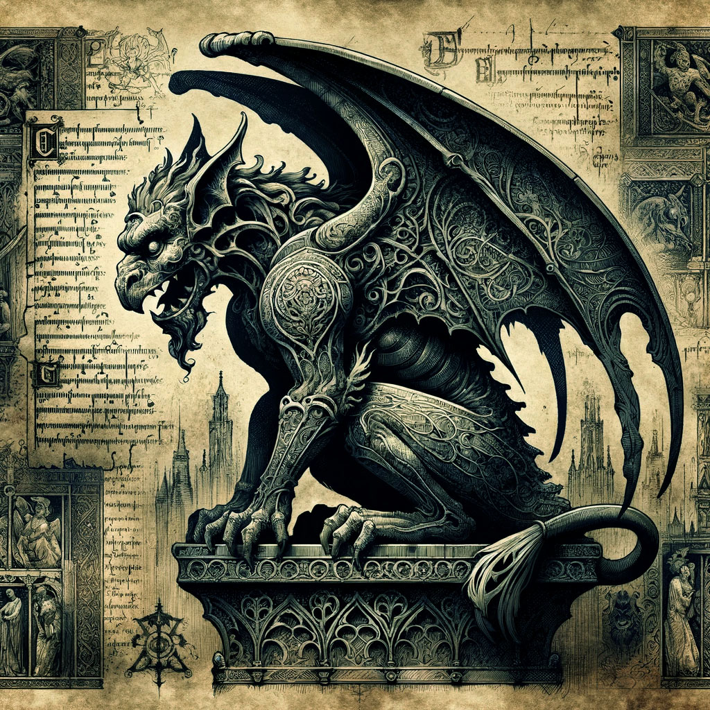 Ilustración de una gárgola estilizada en una página de bestiario antiguo, rodeada de escrituras y dibujos de criaturas míticas.