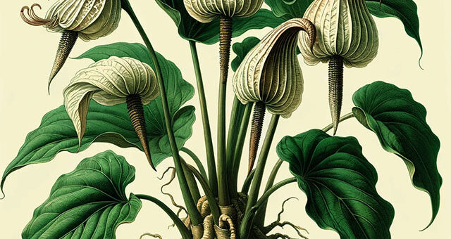Ilustración botánica al estilo victoriano de Arisaema triphyllum, mostrando detalles precisos de sus hojas, flor hooded en forma de cabeza de cobra, y raíces, en colores suaves y líneas finas.