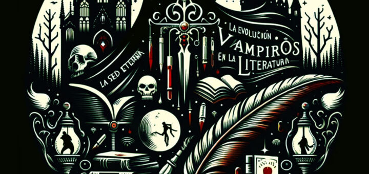 Miniatura para buscadores del artículo 'La Sed Eterna: La Evolución de los Vampiros en la Literatura', mostrando elementos góticos como la silueta de un vampiro, un castillo gótico, y símbolos literarios en una paleta de colores oscuros con acentos rojos y blancos.