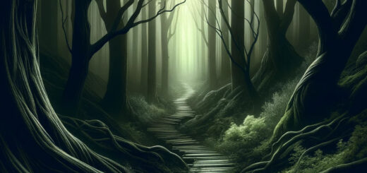 Imagen para buscadores con un camino serpenteante a través de un bosque oscuro y nebuloso, evocando misterio y aventura.