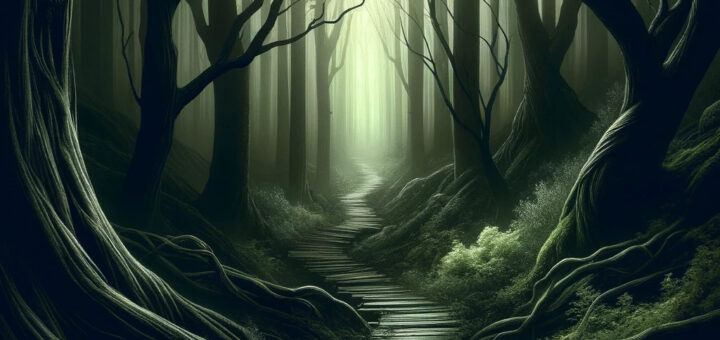 Imagen para buscadores con un camino serpenteante a través de un bosque oscuro y nebuloso, evocando misterio y aventura.