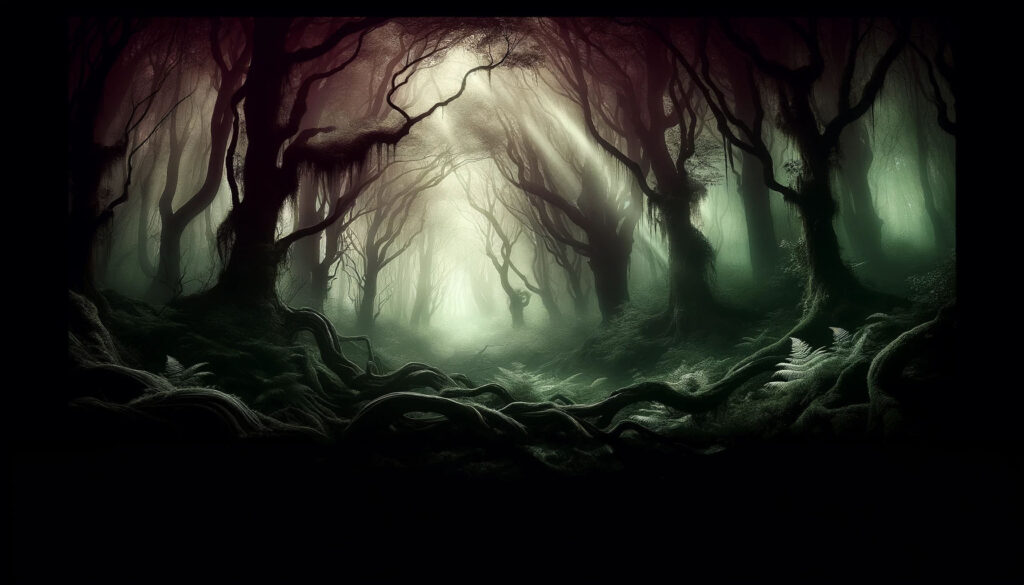 Imagen de cabecera para blog mostrando un bosque encantado oscuro y misterioso, con luces tenues filtrándose a través de árboles densos.