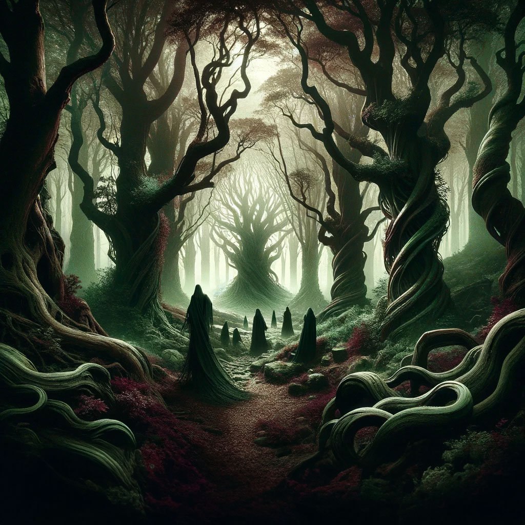 Publicación de Instagram promocionando un artículo sobre bosques encantados, mostrando un bosque etéreo y enigmático con tonos verdes oscuros.