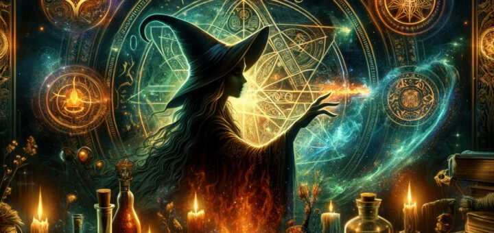 Imagen ilustrativa para artículo sobre brujería en la literatura, mostrando a una bruja en un entorno místico realizando un hechizo, rodeada de libros de hechizos, pociones mágicas y símbolos misteriosos, con la luna llena en el fondo.