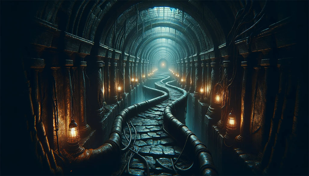 Imagen de cabecera de un blog mostrando un laberinto subterráneo oscuro y atmosférico, con túneles angostos iluminados por antorchas, evocando un sentimiento de misterio y terror gótico.