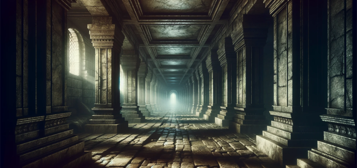 Imagen para cabecera de blog que muestra un laberinto subterráneo vasto y espeluznante, con corredores iluminados tenuemente y paredes de piedra arcaicas, creando un ambiente misterioso y lleno de suspense.