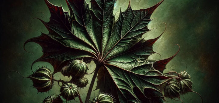 Imagen artística del Ricinus communis con hojas grandes y semillas, en una paleta de colores oscuros, ilustrando su naturaleza tóxica y su rol en historias de misterio y suspense.
