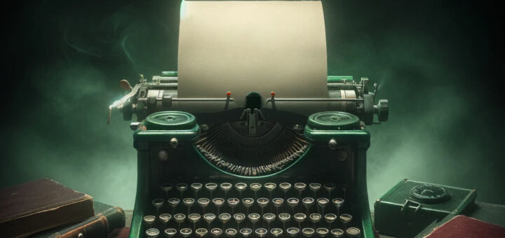 Una máquina de escribir clásica con papel en blanco, lista para ser la cuna de nuevas historias de terror, utilizando una paleta de colores oscuros.