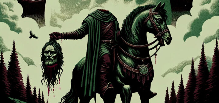 Cabecera web mostrando al Dullahan, un jinete sin cabeza de la mitología irlandesa, sosteniendo su cabeza decapitada en una mano. La imagen, extendida en formato amplio, utiliza una paleta de colores específica para crear una atmósfera sobrenatural y ominosa.