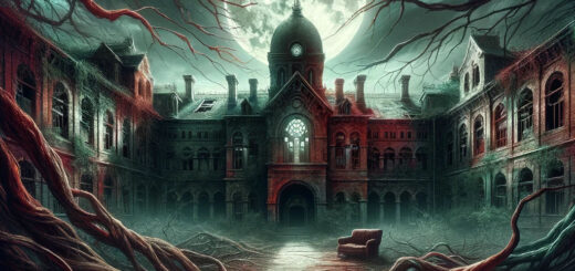 Imagen evocadora de un manicomio abandonado iluminado por la luna, con vegetación sobrecogedora y en tonos de rojo, verde y negro, perfecta para ilustrar artículos de terror.