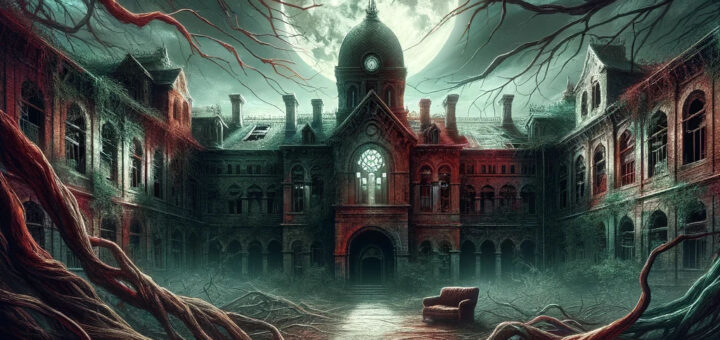 Imagen evocadora de un manicomio abandonado iluminado por la luna, con vegetación sobrecogedora y en tonos de rojo, verde y negro, perfecta para ilustrar artículos de terror.
