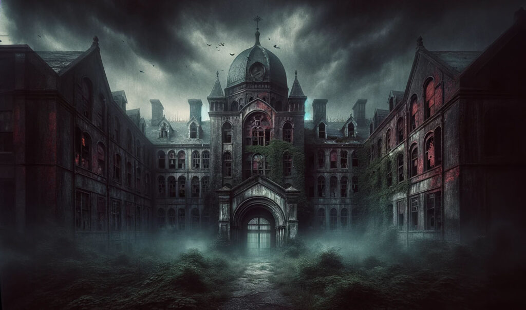 Imagen de alta resolución de un manicomio abandonado, con muros agrietados y envuelto en niebla, en tonos de rojo oscuro, verde y sombras, evocando una atmósfera escalofriante.