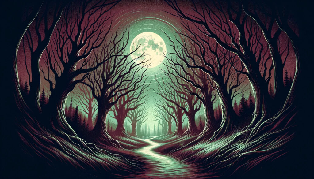 Paisaje misterioso bajo un cielo iluminado por la luna, con un camino que lleva a un bosque oscuro, reflejando la paranoia en un entorno inquietante.