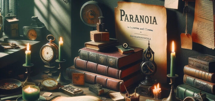 Libro abierto sobre un escritorio antiguo con objetos que evocan misterio y suspense, iluminados de manera dramática para resaltar el tema de la paranoia.